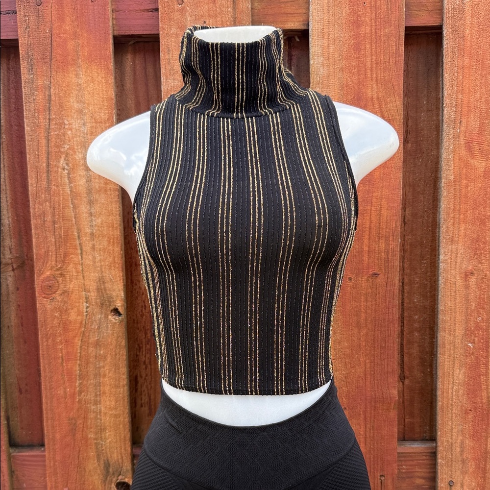 Topia Black Gold Metallic Shimmer Striped Turtleneck Sleeveless Crop Top Size S